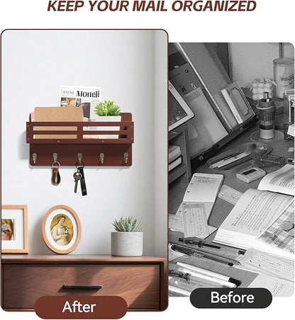 Key Holder Wall Mount Farmhouse Key Hooks for Wall with Mail Organizer Decorative Key Rack with 5 Sturdy Hooks for Dog Leash, Sunglasses, Rustic, Paulownia Key Hanger for Entryway