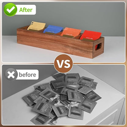 Acacia Wood Tea Bag Organizer with 4 Slots – Tea Bag Holder and Tea Organizer, Sugar Packet Storage for Countertops, Set of two