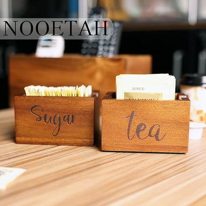 Acacia Sugar Packet Caddy for Coffee Bar, Farmhouse Wood Sugar Holder Packets , Sugar Packet Container, Small Tea Bag Organizer for Office Table,Hotel, Restaurant, Brown Labeled "Tea"