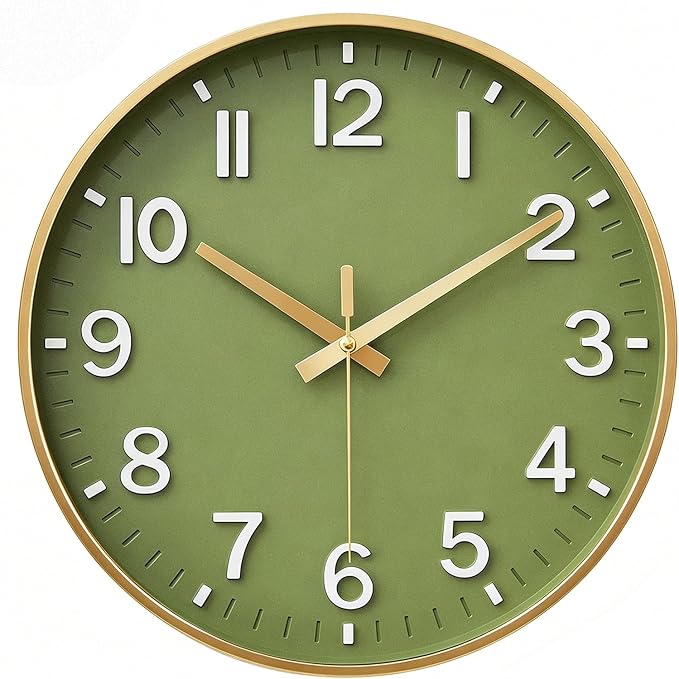 HZDHCLH Wall Clocks Battery Operated,Wall Clock Green Gold,12 inch Wall Clock Silent Non Ticking Modern 3D Numbers for Kitchen Bedroom Living Room Office Classroom Decor