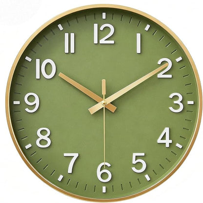 HZDHCLH Wall Clocks Battery Operated,Wall Clock Green Gold,14 inch Wall Clock Silent Non Ticking Modern 3D Numbers for Kitchen Bedroom Living Room Office Classroom Decor