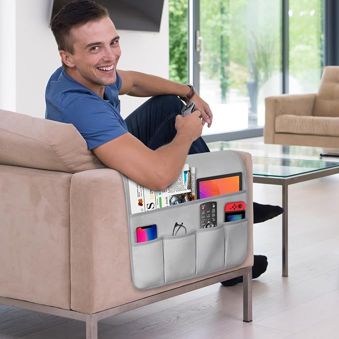 Remote Control Holder for Armchair，Couch Caddy Organizer TV Remote Holder for Bed Storage 5 Pockets，Remote Caddy Bedside Organizer Bedside Table Organizer (LightGray, 35''x18'')