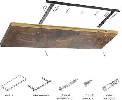 JPND Wall Shelf Set of 2, Rustic Brown Floating Shelves 36 in W x 10 in D x 1 in H, Wooden Floating Wall Shelf with Invisible Brackets for Living Room/Bedroom/Bathroom/Kitchen Storage and Decor