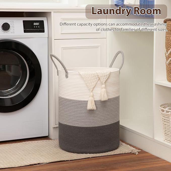 OIAHOMY Large Laundry Basket Hamper - 60L Cotton Rope Woven Basket for Blankets, Toys, Clothes - Tall Decorative Nursery Hamper with Long Handles, Gradient Grey