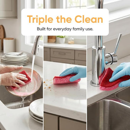 Superio Non-Scratch Cellulose Sponge Kitchen Scrub Sponges with Scouring Pad Set, Good for Non-Stick Cookware Frying Pan, Pot, Counter Top, Sink Scrubbing, Kitchen Scrubbers, Pack of 3, RedPink