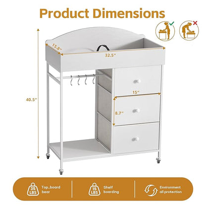 DTK Changing Table Dresser with Clothing Rack and Storage Shelf,3-Drawer Baby Dresser with Changing Table Top,Diaper Changing Station with Waterproof Pad,Mobile Dresser for Nursery,White