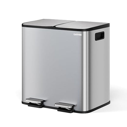 GarveeHome 2 x 4 gal Stainless Steel Double Trash Can with Lid for Kitchen, Large Dual Trash and Recycle Bin Combo, Step-on Kitchen Metal Garbage Cans, PP Inner Buckets, Liner Rim, Silver