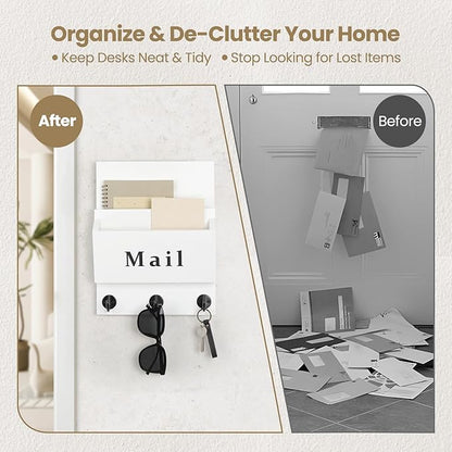 Mail and Key Holder - Decorative 8.86" x 11.42" Wall Key Hanger with 2 Mail Organizer Slots and 3 Hooks - Real Paulownia Wood with Keyhole Brackets, Hardware and Instructions (White)