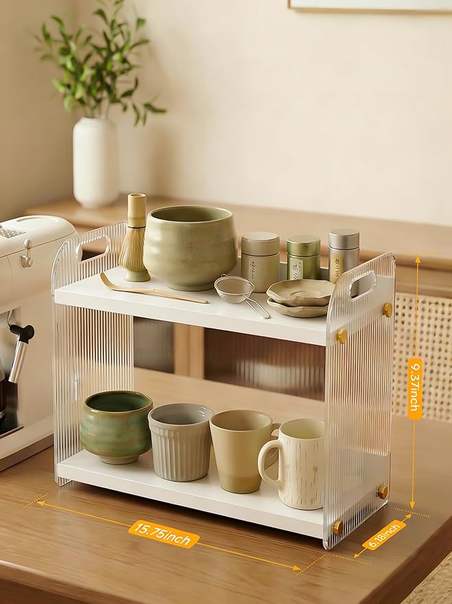2 Tier Coffee Station Organizer - Acrylic & Pine Wood coffee bar shelf, Easy-to-Clean matcha station for Kitchen Countertops, for Placing Mugs, Coffee Beans, Syrup etc.(15.75" x6.18" x 9.37") - White