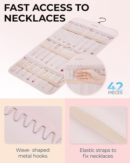 BAGSMART Hanging Jewelry Organizer Storage with Hanger Metal Hooks Double-Sided Jewelry Holder for Earrings, Necklaces, Rings on Closet, Wall, Door, 1 piece Large Pink