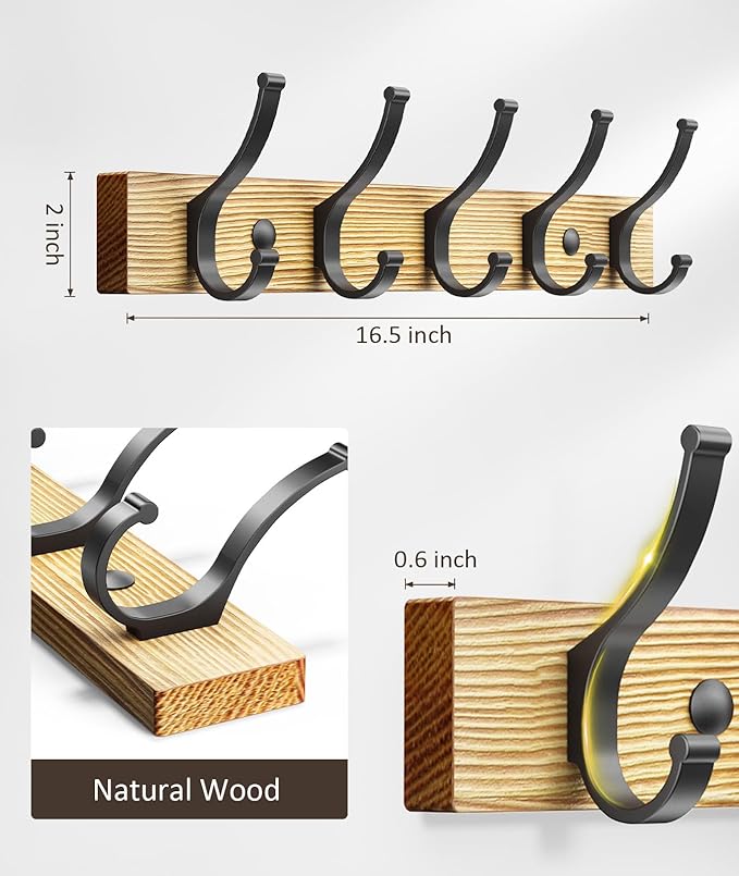 Coat Rack Wall Mount, 16.5 Inches Wood Coat Hooks Wall Mount, Wall Coat Rack with 5 Hooks, Hat Rack Wall Hooks for Hanging Coat, Bag, Towel (1Pack, Natural)