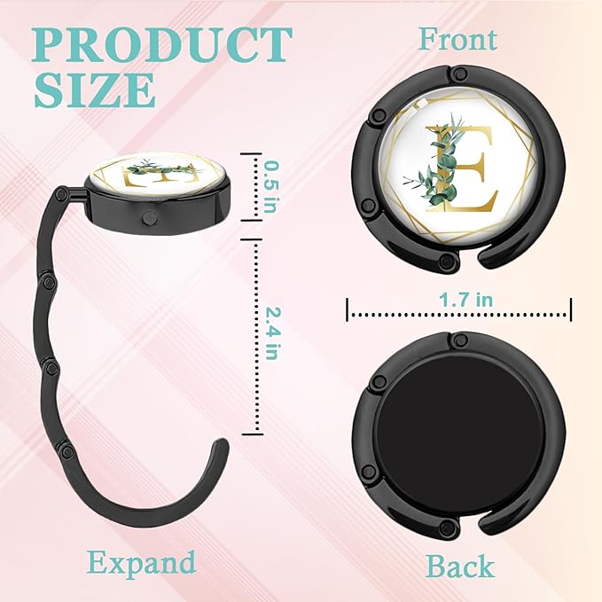Gold Initial Foldable Purse Hook Gifts, Eucalyptus Letter Handbag Hanger, Women's Bag Hanger Holder, Round Purse Table Hook, Funny Desk Decor Gifts for Women Coworker Friend (Eucalyptus E)