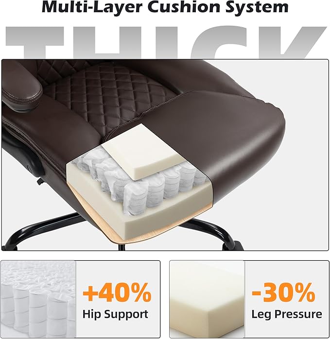 Office Chair - Ergonomic High Back Computer Desk Chair with Rocking Function & Lumbar Support - Executive Comfortable Wide Swivel Rolling Office Leather Chair with Flip-up Armrests for Home Gaming