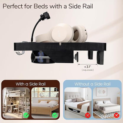 Bedside Shelf for Dorm Bed & Top Bunk, Bamboo Bed Side Table Tray with Cup Phone Holder & Hooks, Bedside Caddy, Clip on Nightstand Bedside Storage College Dorm Room Essentials (Black)