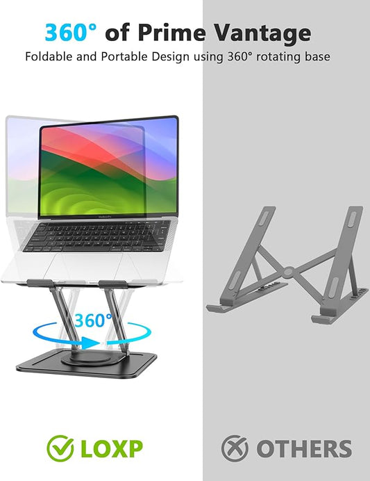 LOXP Adjustable Laptop Stand, Computer Stand with 360 Rotating Base, Ergonomic Laptop Riser Mount for Desk Foldable Protable Computer Desk Fits with MacBook Pro Air (10-16") - Black