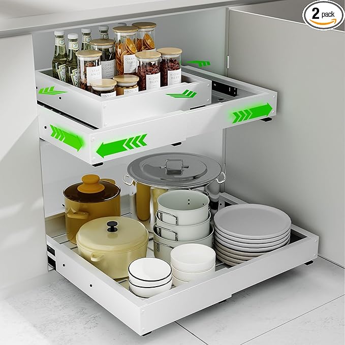 2 Pack Expandable Pull Out Cabinet Organizer, Width (12"-19" ) & Depth (16.5"-22")No Drill Adjustable Cabinet Pull Out Shelves for Kitchen,Pantry, Adhesive Roll Out Shelves for Kitchen Cabinets-White