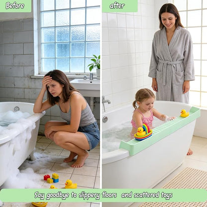 Bathtub Splash Guard for tub Kids& Bath Shelf for Kids – Toddler Bath Tray, Bath Toys Storage & Ledge Organizer – Splash Guard for Bathtub with Suction Cups – Kids Bathroom Accessories(2.6FT, Green)