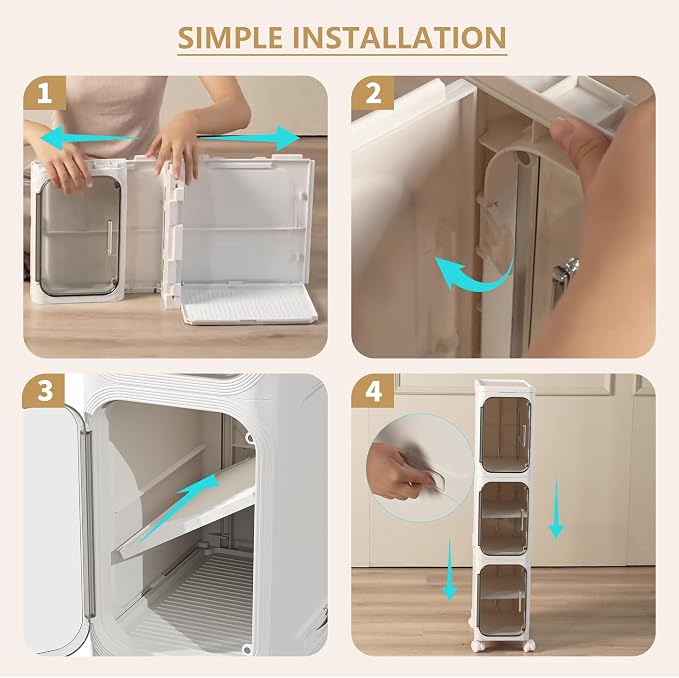 3-Tier Slim Bathroom Narrow Storage Cabinet with Wheels, White | Tool Free Assembly, Adjustable shelves, Lockable Wheels, Magnetic Clear Door, Fits for Narrow Spaces