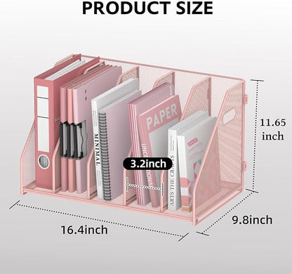 SUPEASY Binder Organizer, Magazine File Holder with 5 Vertical Compartments Rack, Metal Desk File Organizer & Binder Holders, Magazine Organizers for Office Desktop, Home, School, Classroom (Pink)