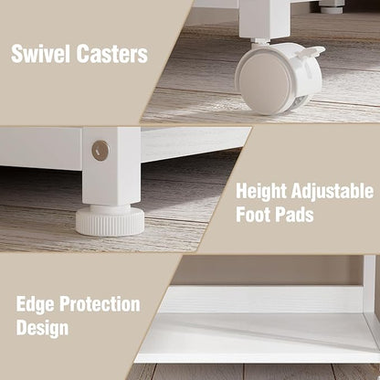 VENNQD Large Printer Stand with Storage Fabric Drawer Under Desk Printer Table with Wheels for Home Office, Printer Cart fit Fax Machine Scanner 23.4"x15.7" (White, 2 Tiers)