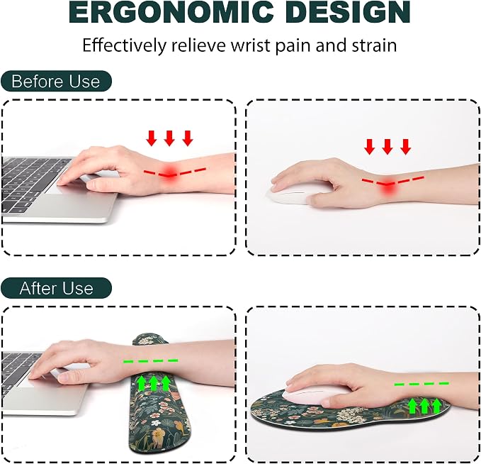 Ergonomic Mouse Pad with Wrist Rest and Keyboard Wrist Rest, Mousepad and Wrist Rest for Computer Keyboard, Pain Relief, Non-Slip Rubber Base, Mouse Pad Wrist Support for Gaming, Green Flowers