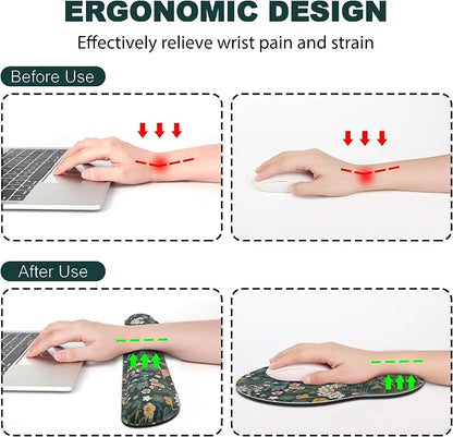 Ergonomic Mouse Pad with Wrist Rest and Keyboard Wrist Rest, Mousepad and Wrist Rest for Computer Keyboard, Pain Relief, Non-Slip Rubber Base, Mouse Pad Wrist Support for Gaming, Green Flowers
