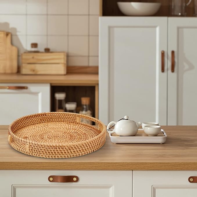 Whalehub Round Rattan Serving Tray with Handles, Hand Woven Basket, Home Decor Organizer Tray for Breakfast, Tea, Snack, Fruit, Coffee,Storage (Medium)(11.9inchX1.7inch)