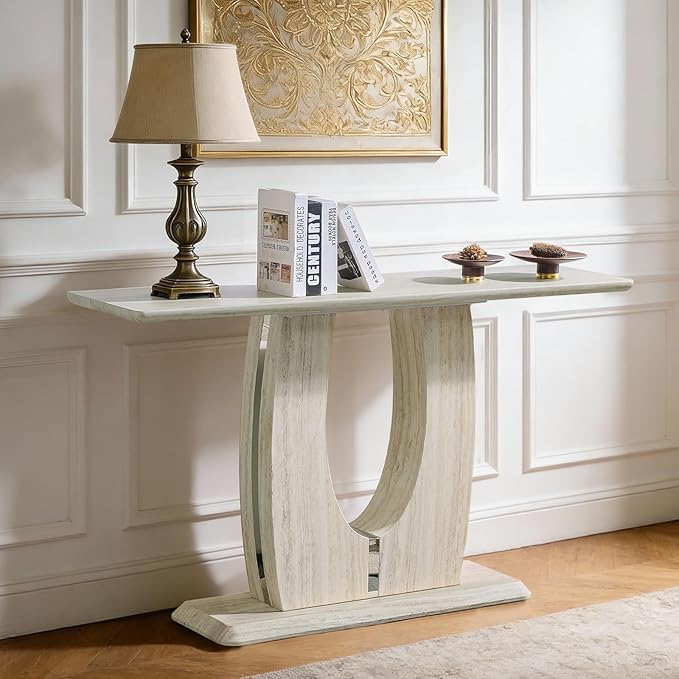 55" Console Table for Entryway, Narrow Sofa Entrance Table with Faux Mars Marble Pattern, Modern Sofa Tables with U-Shaped Base for Living Room, Hallway, Foyer, Home Office, Beige Dark