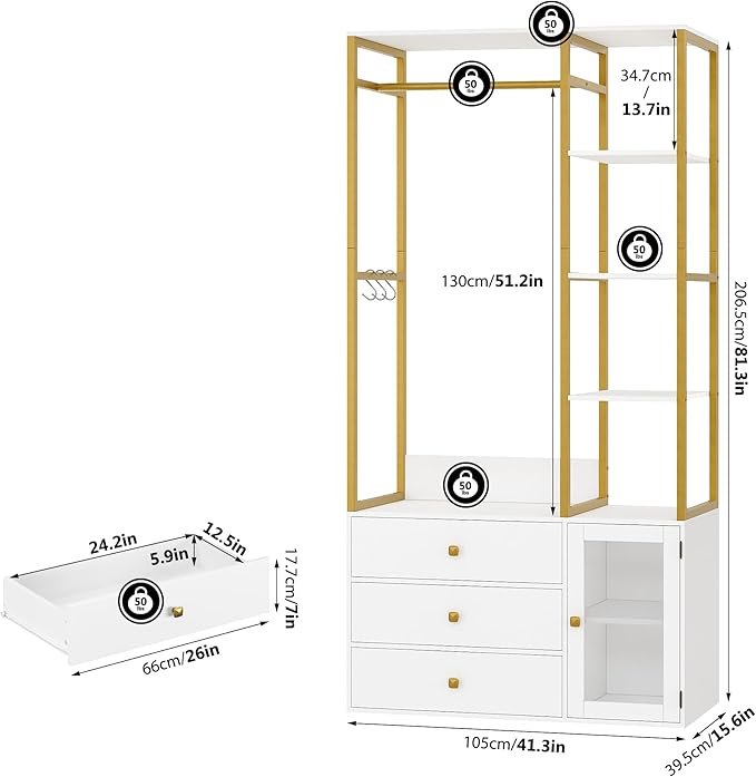 2pcs Closet Organizer System, Wardrobe Closet with 3 Wooden Drawers, Clothes Rack with Hanging Rods and 4 Tiers Shelves, Garment Rack with Metal Frame, White and Gold