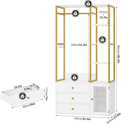 2pcs Closet Organizer System, Wardrobe Closet with 3 Wooden Drawers, Clothes Rack with Hanging Rods and 4 Tiers Shelves, Garment Rack with Metal Frame, White and Gold