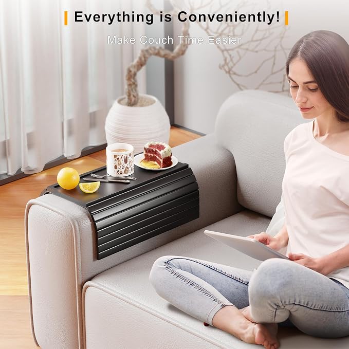 Bestjing Bamboo Couch Armrest Table, Sofa Arm Tray with Detachable Couch Cup Holder- 2 in 1 Anti-Slip Foldable Sofa Armchair Caddy Table for Drinks Cellphone TV Remote Snacks (Black)