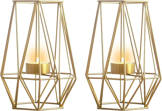 2 Pcs Metal Hexagon Shaped Geometric Design Tea Light Votive Candle Holders, Iron Hollow Tealight Candle Holders for Vintage Wedding Home Decoration, Gold (L + L)
