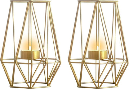 2 Pcs Metal Hexagon Shaped Geometric Design Tea Light Votive Candle Holders, Iron Hollow Tealight Candle Holders for Vintage Wedding Home Decoration, Gold (L + L)