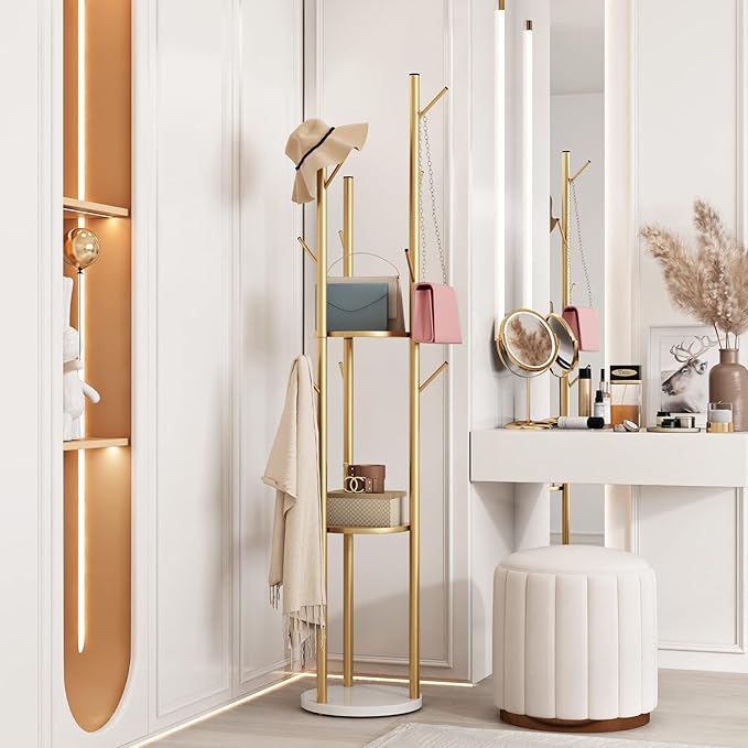 Metal Gold Coat Racks Freestanding, Coat Hanger Stand, Hall Tree Rack for Hanging Hats, Scarves, Bags, Modern Coat Rack with Double Shelves, Corner Coat Rack, 9 Hooks, Gold