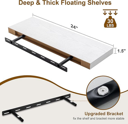 Fun Memories Floating Shelves for Wall, 24Inch Floating Shelves Set of 2, Hanging Shelf with Invisible Brackets, Wood Shelves for Living Room, Bedroom, Kitchen, White
