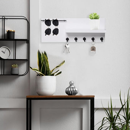SANY DAYO HOME Real Wood Key Holder Rack Wall Mount 16 x 6 inches White Entryway Shelf with 5 Black Hooks, Metal Sunglass Bar, and Floating Board for Keychain, Purse