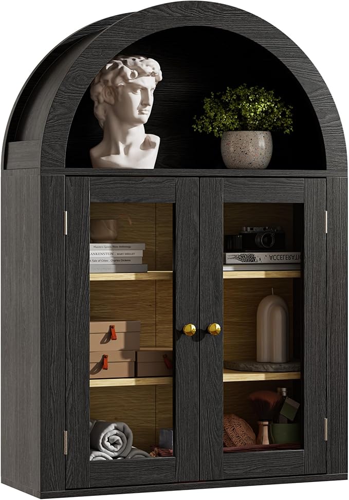 BREEZEHEAT Bathroom Medicine Cabinet Wall Mount-Over The Toilet Storage Cabinet-Arched Wall Cabinet with Glass Doors & Adjustable Shelves, Wood Cabinet for Laundry Room, Kitchen, Living Room, Black