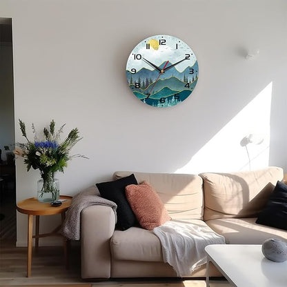 Wall Clock, 10 Inch Silent Non-Ticking Home Kitchen Decor, Battery Operated for Bathroom Bedroom Living Room Office(Abstract Mountain Sun)