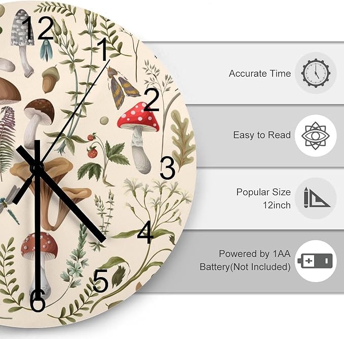 Botanical Wall Clock 12 Inch Silent Non Ticking Clock Wooden, Nature Cartoon Botanical Leaves Mushroom Plants Pattern Wall Clock Battery Operated Kitchen Bedroom Living Room Decor