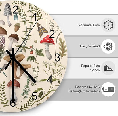 Botanical Wall Clock 12 Inch Silent Non Ticking Clock Wooden, Nature Cartoon Botanical Leaves Mushroom Plants Pattern Wall Clock Battery Operated Kitchen Bedroom Living Room Decor
