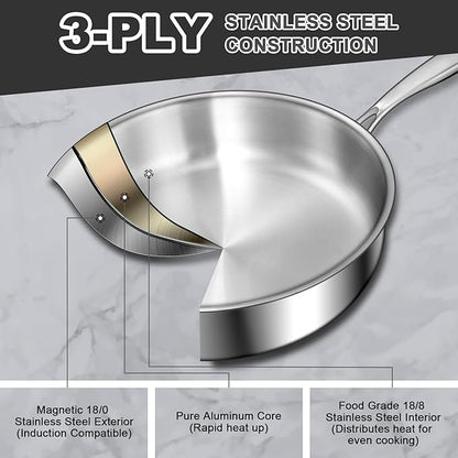 EWFEN 12 Inch Tri-Ply Stainless Steel Frying Pan, Compatible with All Cooktops Up to 600℉, Large Frying Pan with lids, Induction-Ready Skillet, Dishwasher and Oven Safe, Even Heat, 12" Pan+Handle+Lid