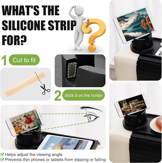 Couch Cup Holder Tray - 3 in 1 Sofa Arm Tray with 360° Rotating Cup Holder & Phone Stand,Fits Various Couches Arm Widths - Anti-Slip Foldable Couch Arm Tray for Snacks, Cellphone Remote