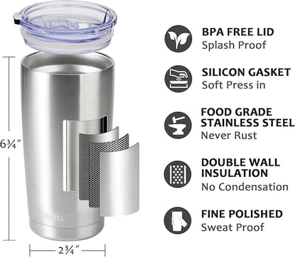 SUNWILL Travel Coffee Tumbler 20 oz, Stainless Steel Mug with Lid, Insulated Cup for Water, Tea, Hot and Cold Drinks, Silver