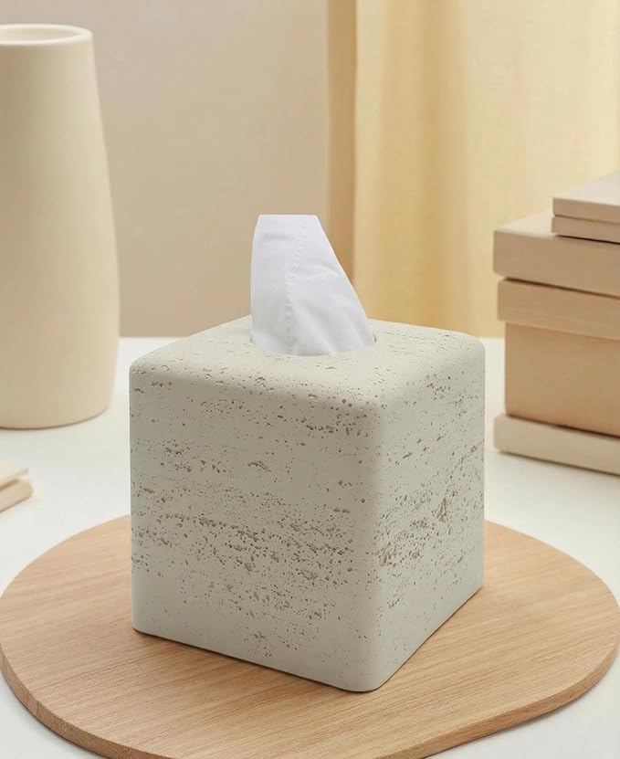 Travertine Tissue Box Cover Square Decorative Stone Klenex Box Holder for Bathroom & Living Room with Handcrafted Texture (Light Beige)