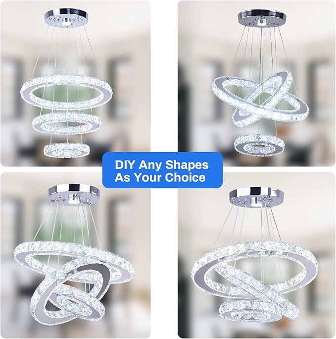 Modern Crystal Chandeliers 3 Rings Round LED Chandelier Fixtures DIY Pendant Lighting Stainless Steel Adjustable Chandelier Ceiling Light for Dining Room Bedroom Living Room (Cool White)