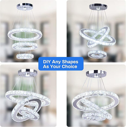 Modern Crystal Chandeliers LED Chandelier Fixtures 3 Rings Round DIY Pendant Lighting Stainless Steel Adjustable Chandelier Ceiling Light for Dining Room Bedroom Living Room (3 Colors)