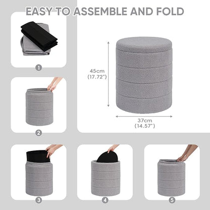 PINPLUS Round Storage Ottoman Foot Rest Stool with Tray Velvet Sherpa Folding Storage Ottoman,Boucle Foot Rest for Living Room, Bedroom, Dorm（Grey）