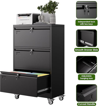 Aobabo 3 Drawer Lateral File Cabinet with Wheels, Lockable Metal Filing Cabinet for Home Office, Legal/Letter Size,Black,Required Assembled,15.87" D x 28.94" W x47.63 H