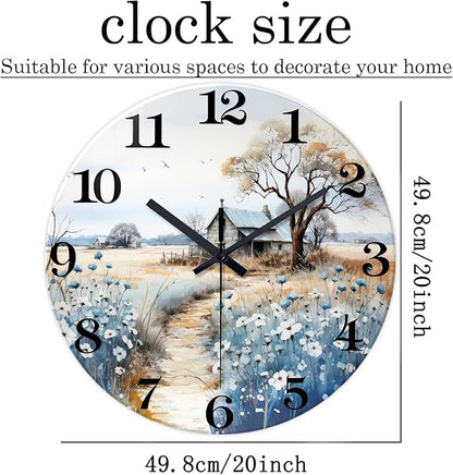 XNM 20 Inch Rustic Blue Clocks for Living Room Wood Large Battery Wall Clock Decorative Round Non Ticking Wall Clock Silent(No Solid Wood, It is with MDF Material)