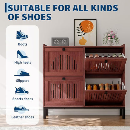 Garvee 4 Flip Drawer Shoe Cabinet with Adjustable Shelves, Hidden Shoe Organizer with Large Capacity, Freestanding Wooden Shoe Rack for Entryway, Hallway, Living Room, Walnut